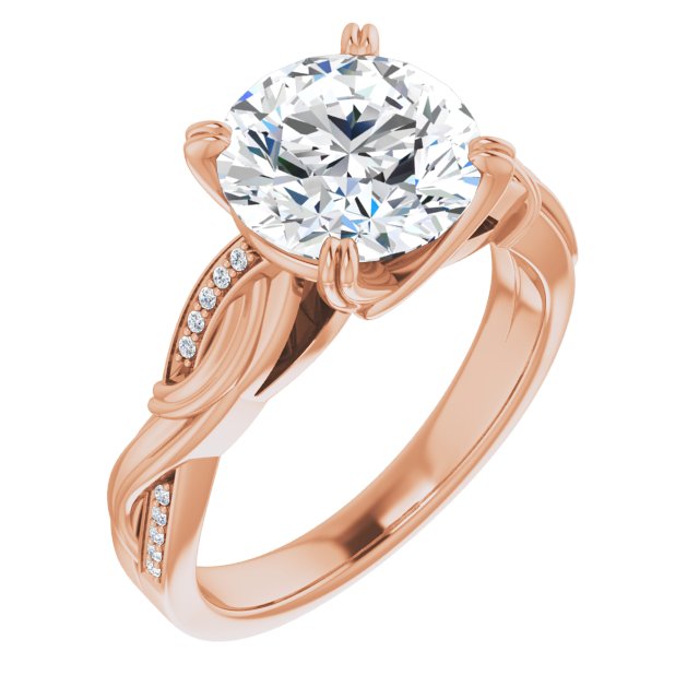 18K Rose Gold Customizable Cathedral-raised Round Cut Design featuring Rope-Braided Half-Pavé Band
