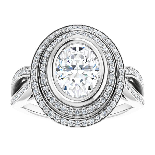 Cubic Zirconia Engagement Ring- The Eliana (Customizable Bezel-set Oval Cut Style with Double Halo and Split Shared Prong Band)