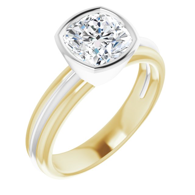 14K Yellow & White Gold Customizable Bezel-set Cushion Cut Solitaire with Grooved Band