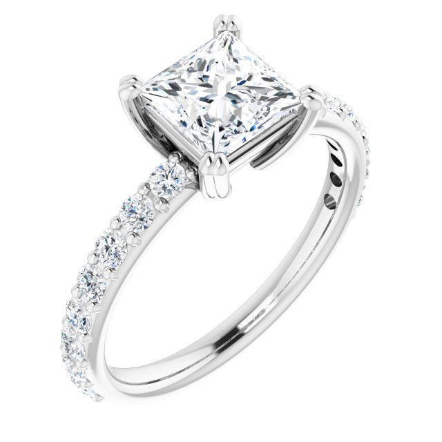 10K White Gold Customizable Princess/Square Cut Design with Large Round Cut 3/4 Band Accents