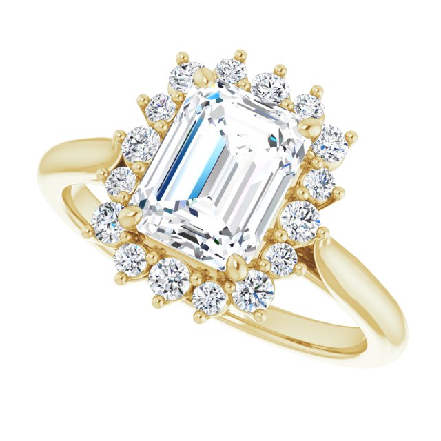Cubic Zirconia Engagement Ring- The Honoka (Customizable Crown-Cathedral Emerald Cut Design with Clustered Large-Accent Halo & Ultra-thin Band)