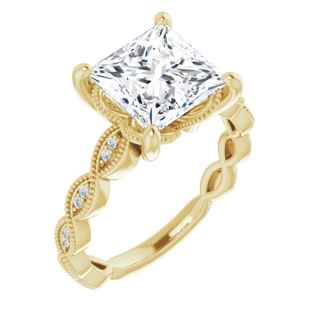 10K Yellow Gold Customizable Princess/Square Cut Artisan Design with Scalloped, Round-Accented Band and Milgrain Detail
