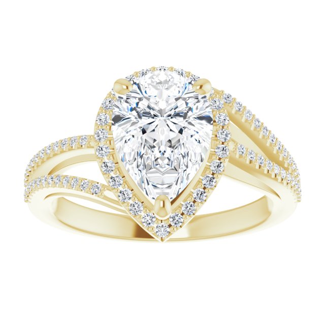Cubic Zirconia Engagement Ring- The Claudette (Customizable Pear Cut Vintage Design with Halo Style and Asymmetrical Split-Pavé Band)