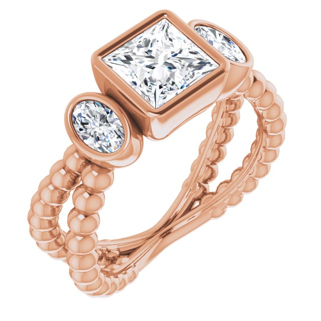 10K Rose Gold Customizable 3-stone Princess/Square Cut Design with 2 Oval Cut Side Stones and Wide, Bubble-Bead Split-Band