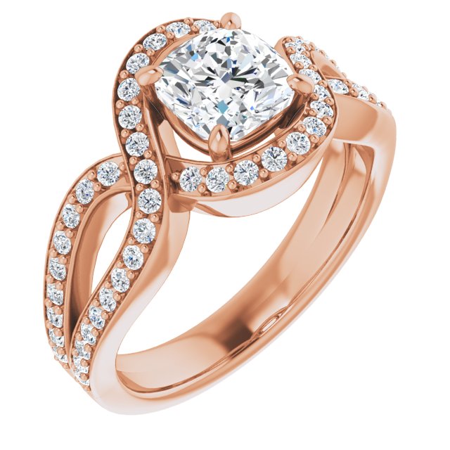 10K Rose Gold Customizable Cushion Cut Center with Infinity-inspired Split Shared Prong Band and Bypass Halo
