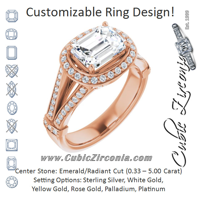 Cubic Zirconia Engagement Ring- The Cecelia (Customizable Radiant Cut Horizontal Setting with Halo, Under-Halo Trellis Accents and Accented Split Band)