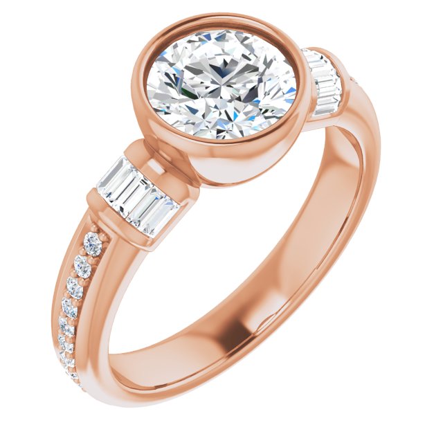 10K Rose Gold Customizable Cathedral-Bezel Round Cut Style with Horizontal Baguettes & Shared Prong Band