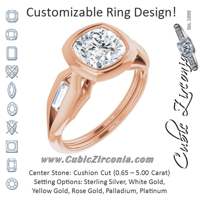 Cubic Zirconia Engagement Ring- The Claudelle (Customizable Bezel-set Cushion Cut Design with Wide Split Band & Tension-Channel Baguette Accents)