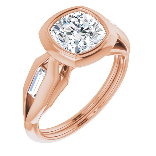 Cubic Zirconia Engagement Ring- The Claudelle (Customizable Bezel-set Cushion Cut Design with Wide Split Band & Tension-Channel Baguette Accents)