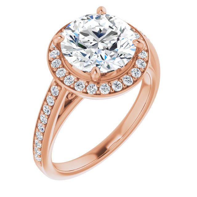 18K Rose Gold Customizable Round Cut Style with Halo and Sculptural Trellis