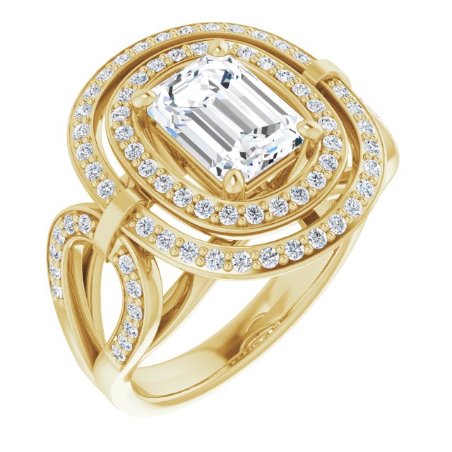 Cubic Zirconia Engagement Ring- The Daksha (Customizable Cathedral-set Radiant Cut Design with Double Halo & Accented Ultra-wide Horseshoe-inspired Split Band)