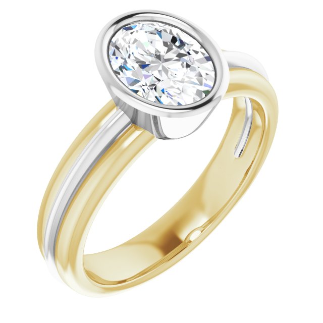 14K Yellow & White Gold Customizable Bezel-set Oval Cut Solitaire with Grooved Band