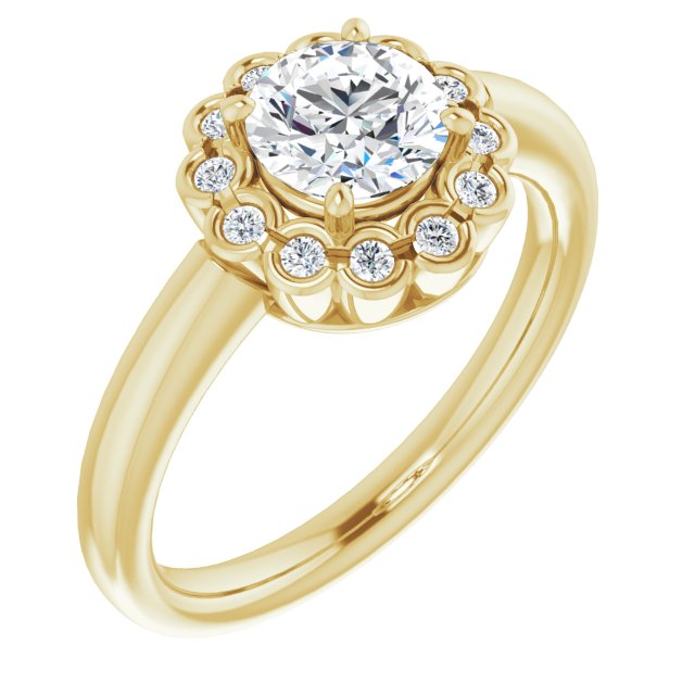 10K Yellow Gold Customizable 13-stone Round Cut Design with Floral-Halo Round Bezel Accents
