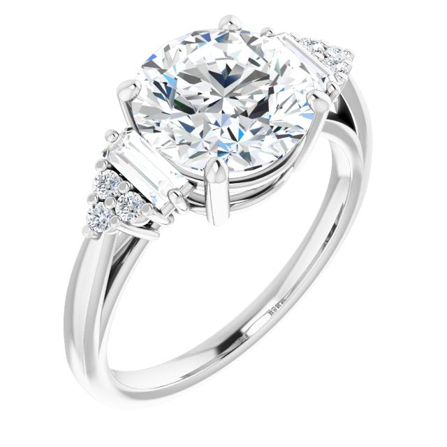 10K White Gold Customizable 9-stone Design with Round Cut Center, Side Baguettes and Tri-Cluster Round Accents