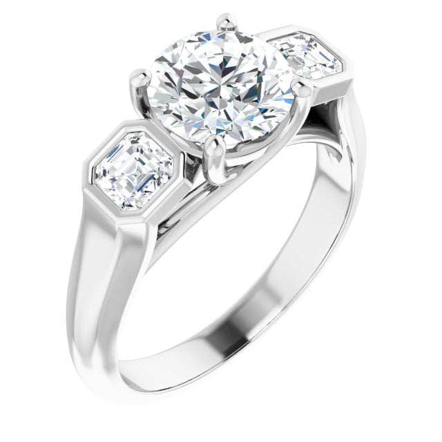 10K White Gold Customizable 3-stone Cathedral Round Cut Design with Twin Asscher Cut Side Stones