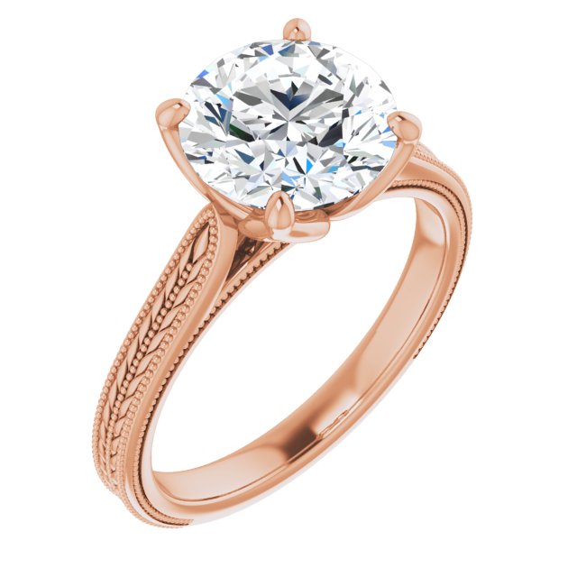 14K Rose Gold Customizable Round Cut Solitaire with Wheat-inspired Band 