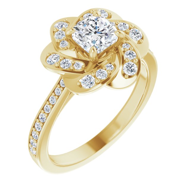 10K Yellow Gold Customizable Cathedral-raised Cushion Cut Design with Floral/Knot Halo and Thin Accented Band