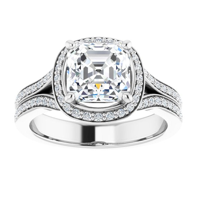Cubic Zirconia Engagement Ring- The Dionne (Customizable Cathedral-raised Asscher Cut Setting with Halo and Shared Prong Band)