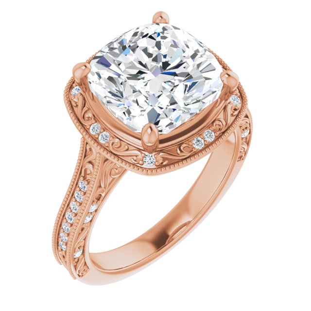 10K Rose Gold Customizable Vintage Artisan Cushion Cut Design with 3-Sided Filigree and Side Inlay Accent Enhancements