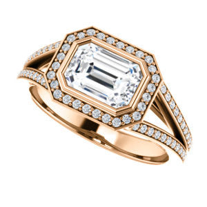 Cubic Zirconia Engagement Ring- The Kay Adaira (Customizable Bezel-set Emerald Cut with Halo and Split-Pavé Band)