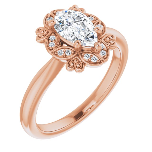 10K Rose Gold Customizable Pear Cut Design with Floral Segmented Halo & Sculptural Basket