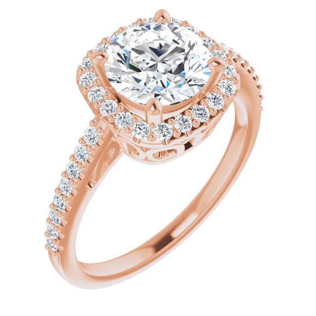 10K Rose Gold Customizable Cathedral-Crown Round Cut Design with Halo and Accented Band