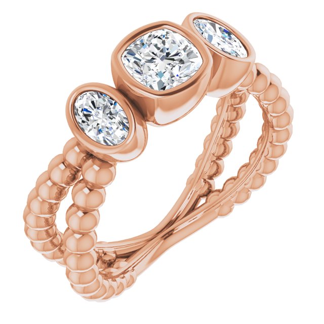 10K Rose Gold Customizable 3-stone Cushion Cut Design with 2 Oval Cut Side Stones and Wide, Bubble-Bead Split-Band