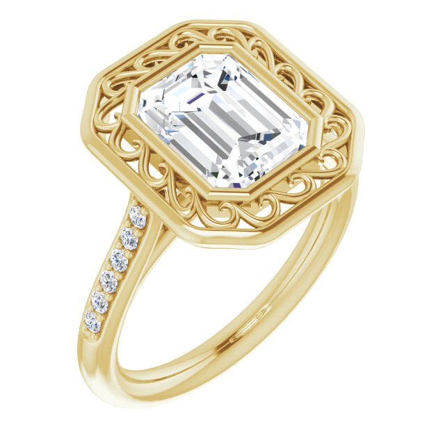 10K Yellow Gold Customizable Cathedral-Bezel Emerald/Radiant Cut Design with Floral Filigree and Thin Shared Prong Band