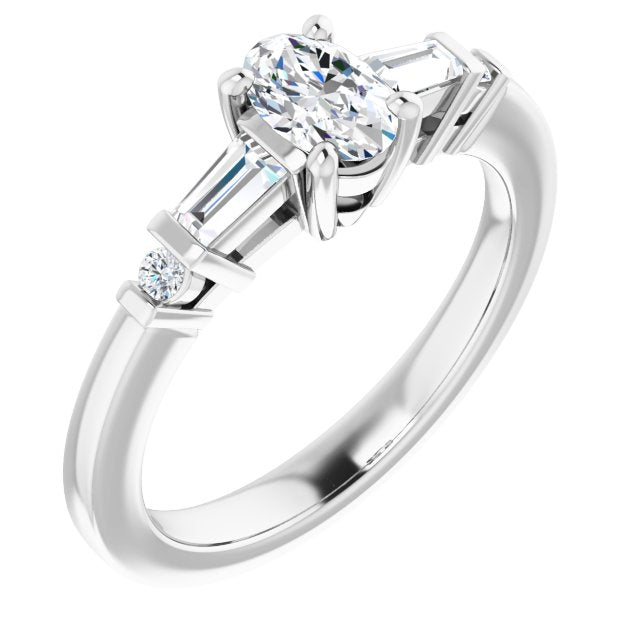 10K White Gold Customizable 5-stone Baguette+Round-Accented Oval Cut Design)