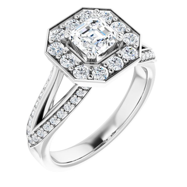 10K White Gold Customizable Asscher Cut Center with Large-Accented Halo and Split Shared Prong Band
