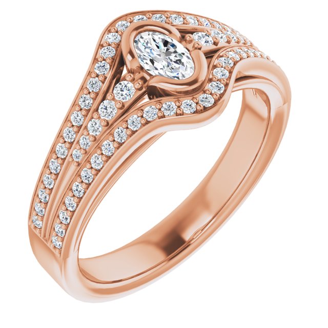 10K Rose Gold Customizable Cathedral-Bezel Oval Cut Design with Wide Triple-Split-Pavé Band