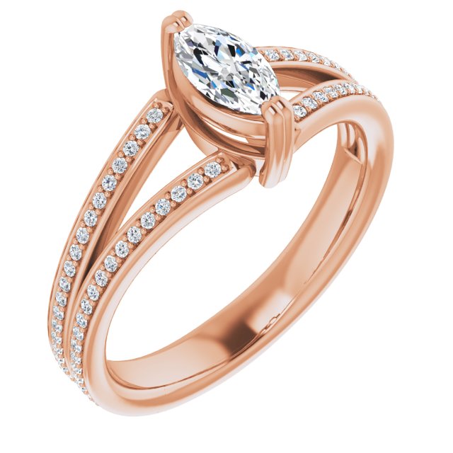10K Rose Gold Customizable Marquise Cut Center with 100-stone* "Waterfall" Pavé Split Band