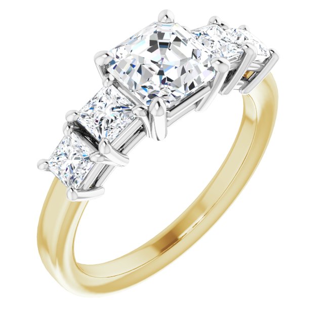 14K Yellow & White Gold Customizable 5-stone Asscher Cut Style with Quad Princess-Cut Accents