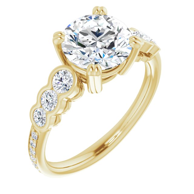14K Yellow Gold Customizable Round Cut 7-stone Style Enhanced with Bezel Accents and Shared Prong Band