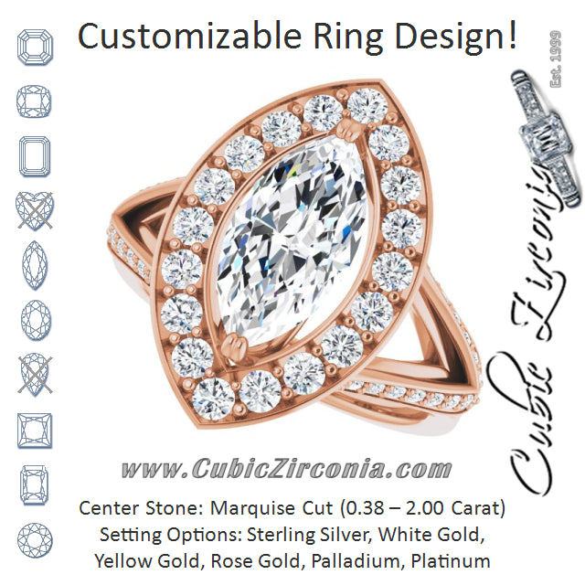 Cubic Zirconia Engagement Ring- The Darsha (Customizable Marquise Cut Center with Large-Accented Halo and Split Shared Prong Band)
