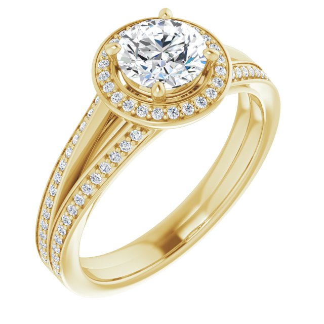 10K Yellow Gold Customizable Round Cut Design with Split-Band Shared Prong & Halo