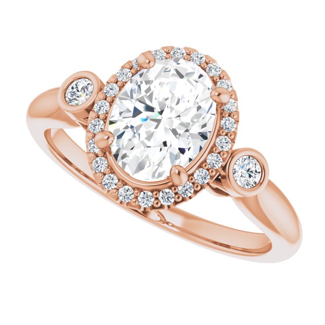 Cubic Zirconia Engagement Ring- The Adoración (Customizable Oval Cut Style with Halo and Twin Round Bezel Accents)
