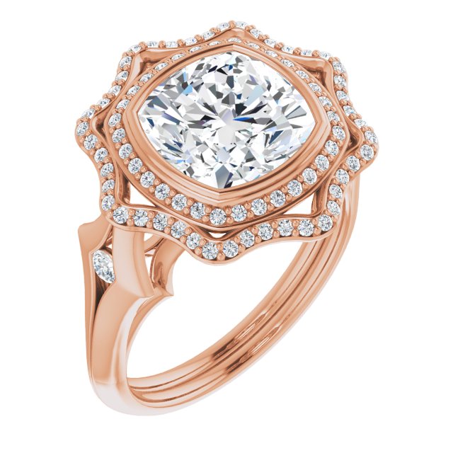 10K Rose Gold Customizable Cathedral-bezel Cushion Cut Design with Floral Double Halo and Channel-Accented Split Band