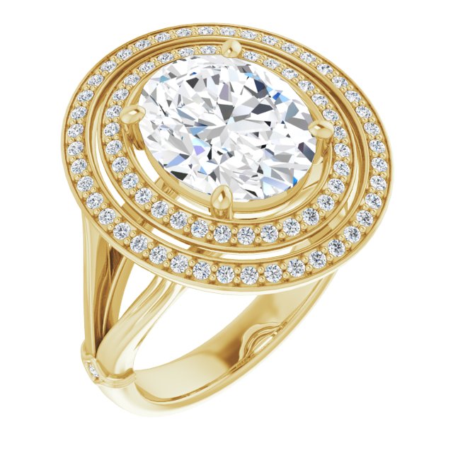 10K Yellow Gold Customizable Cathedral-set Oval Cut Design with Double Halo, Wide Split Band and Side Knuckle Accents
