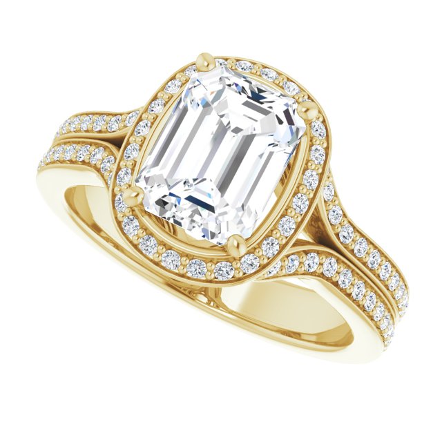 Cubic Zirconia Engagement Ring- The Dionne (Customizable Cathedral-raised Emerald Cut Setting with Halo and Shared Prong Band)