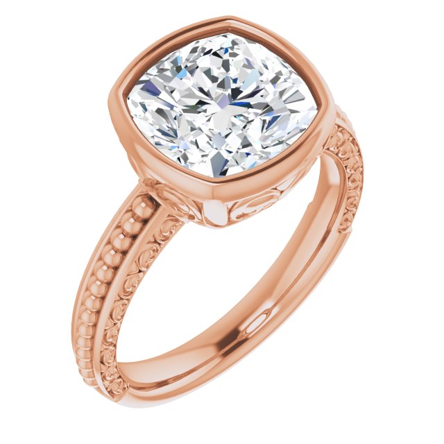 10K Rose Gold Customizable Bezel-set Cushion Cut Solitaire with Beaded and Carved Three-sided Band
