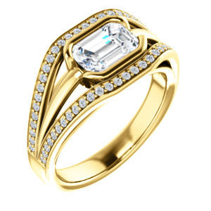 Cubic Zirconia Engagement Ring- The Magdalena Oha (Customizable Bezel-set Emerald Cut Style with Wide Tri-split Pavé Band)