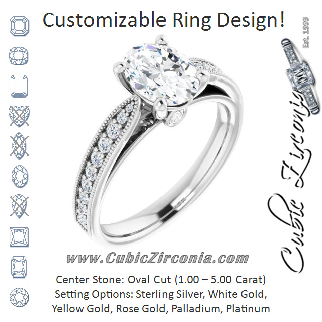 Cubic Zirconia Engagement Ring- The Carli Love (Customizable Oval Cut Style featuring Milgrained Shared Prong Band & Dual Peekaboos)