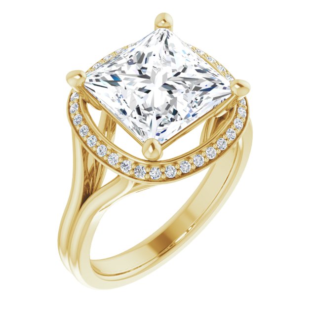 10K Yellow Gold Customizable Cathedral-set Princess/Square Cut Design with Split-band & Halo Accents