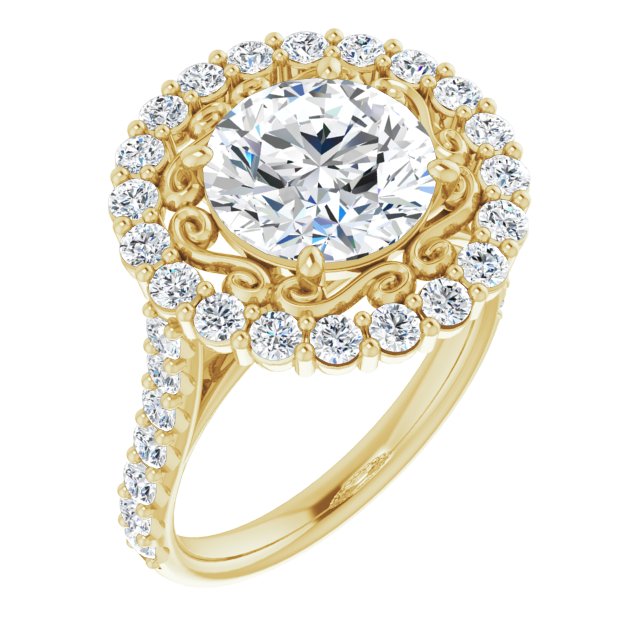 10K Yellow Gold Customizable Round Cut Cathedral Style with Oversized Halo