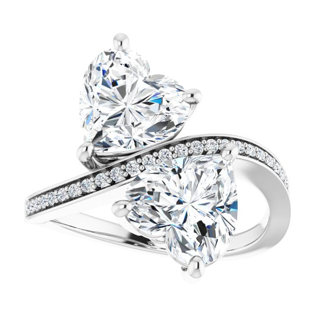Cubic Zirconia Engagement Ring- The Ellie (Customizable 2-stone Heart Cut Bypass Design with Thin Twisting Shared Prong Band)