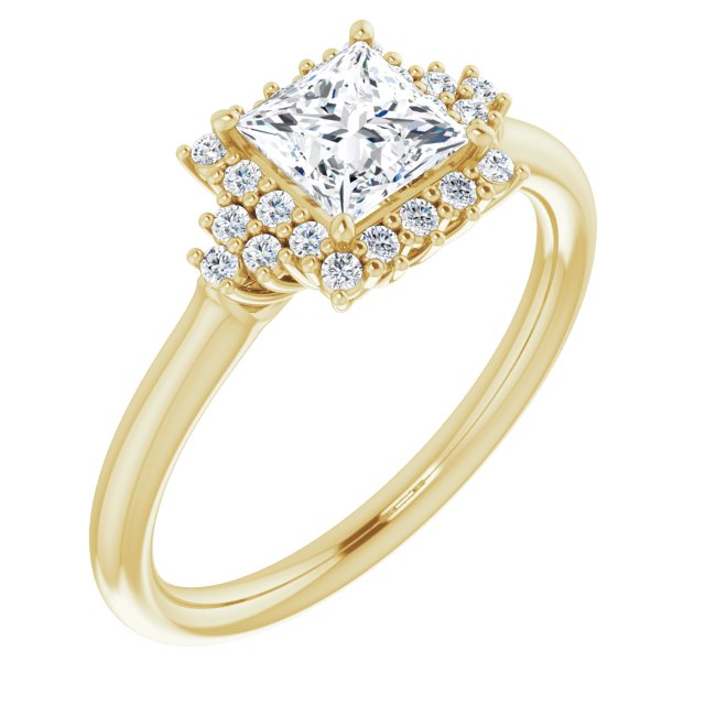 10K Yellow Gold Customizable Princess/Square Cut Cathedral-Halo Design with Tri-Cluster Round Accents