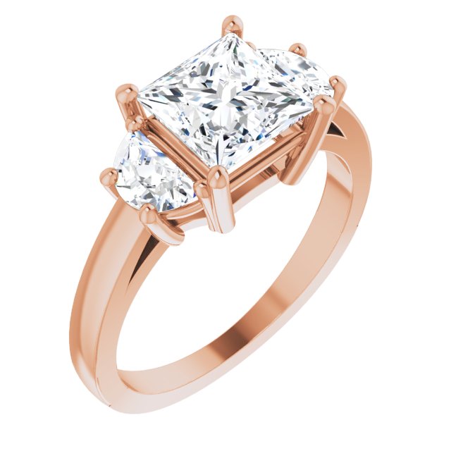 10K Rose Gold Customizable 3-stone Design with Princess/Square Cut Center and Half-moon Side Stones