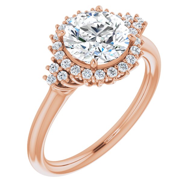 10K Rose Gold Customizable Round Cut Cathedral-Halo Design with Tri-Cluster Round Accents