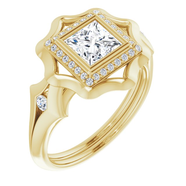 10K Yellow Gold Customizable Bezel-set Princess/Square Cut with Halo & Oversized Floral Design